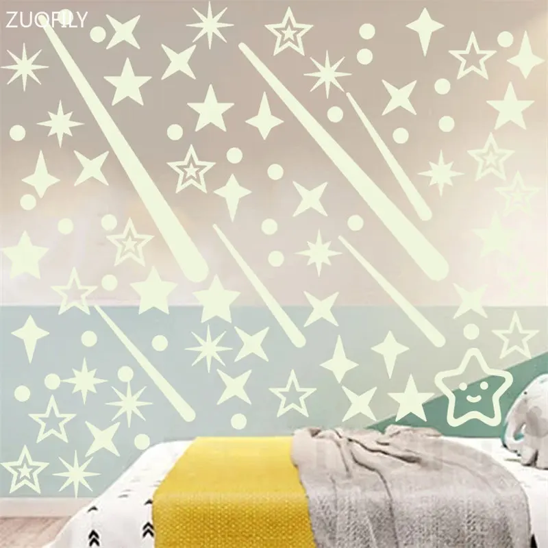 Blue Luminous Dots Moon Shooting Star Wall Stickers for Children's Room Bedroom Home Decor Fluorescent Glow in the dark Decals
