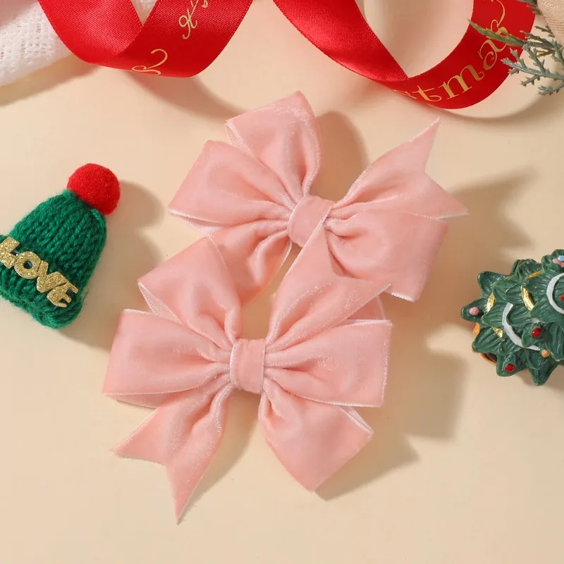 Handmade Velvet Bow Hair Clips 2-Piece Set - Christmas Red & Green Hairpins for Baby Girls, Vintage-Style Soft Barrettes