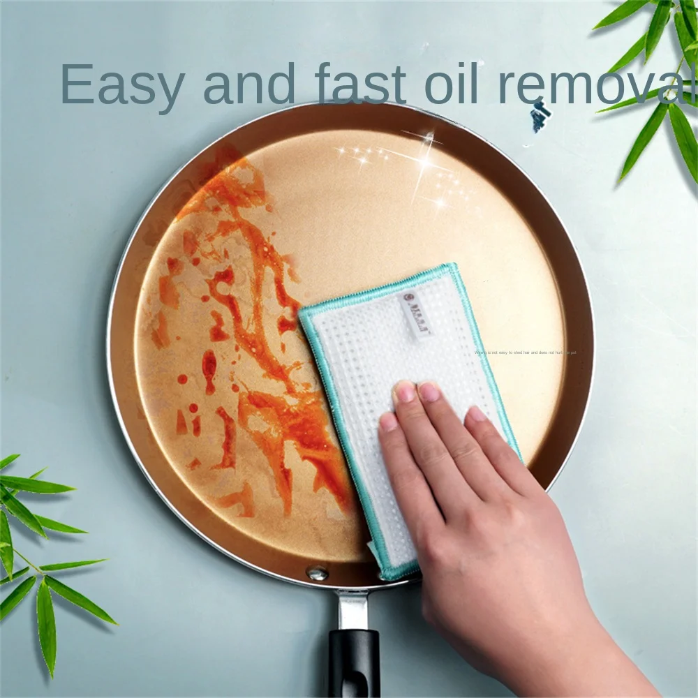 set Bamboo Fiber Sponge Dishwashing Rag Scouring Pad Reusable Oil-free Double-sided Household Brush Cleaning Tool Kitchen 6