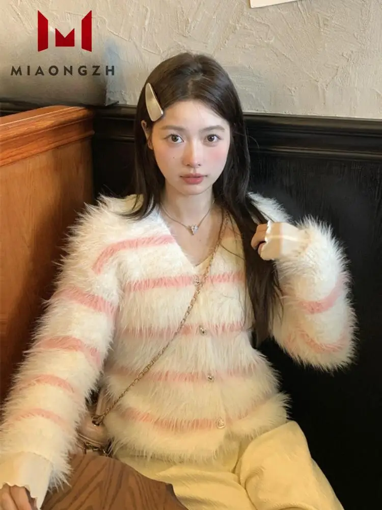 

Autumn Winter New Striped Soft Mink Knitted Coat Single Breasted V Neck Long Sleeve Tops Female Fashion Loose Cardigan Sweaters