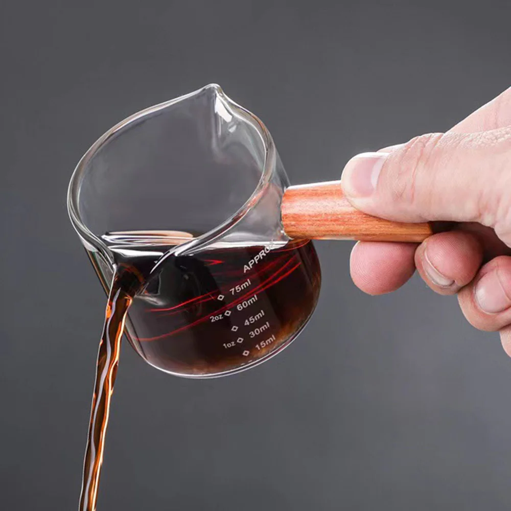 75ml Espresso High Borosilicate Glass Jar Mini Measuring Cup With Graduated Milk Cup With Wooden Handle Double Mouth Milk Jar