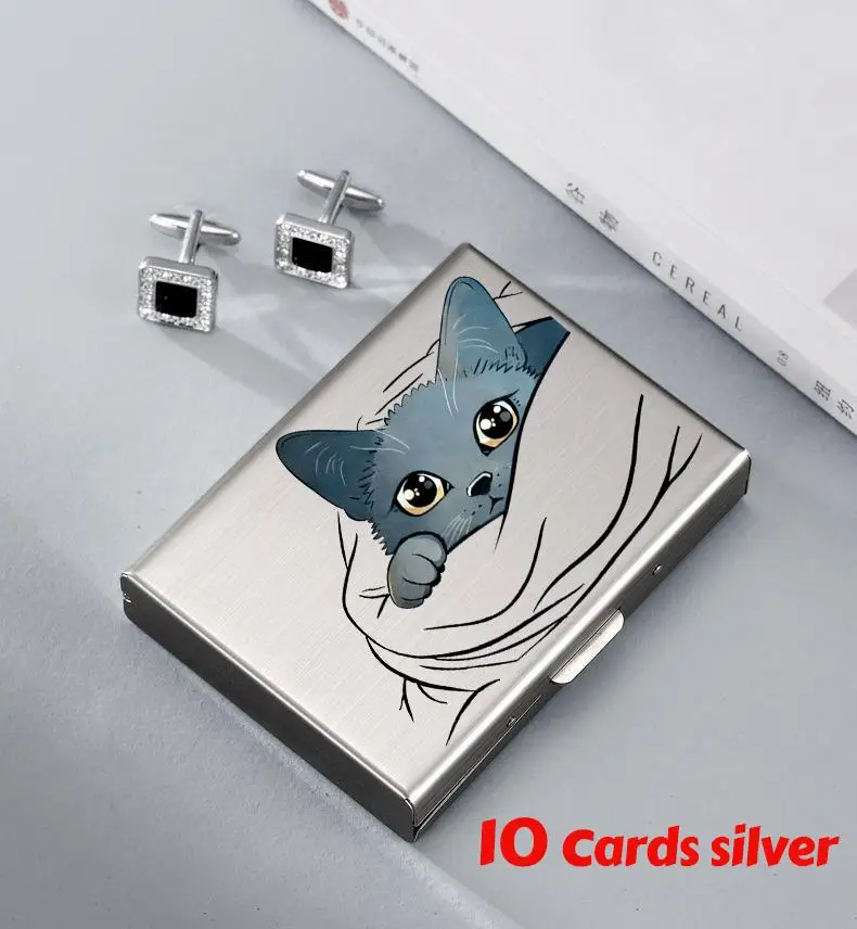 Sleek Cat-Themed Stainless Steel Card Holder Wallet – 10 Slot Multifunctional Design
