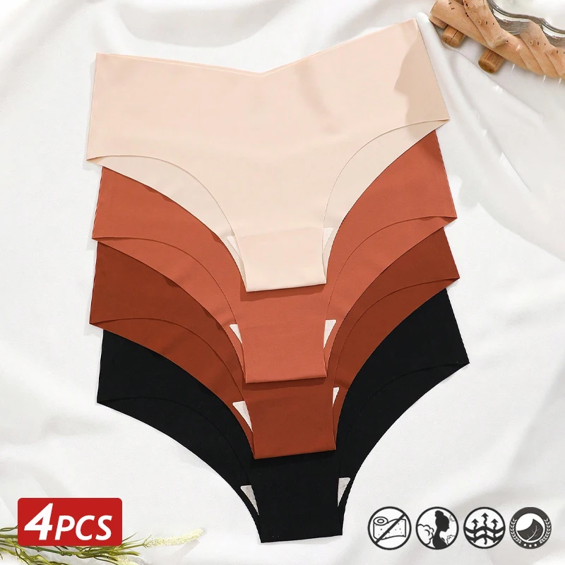Women Seamless Briefs Sexy V-Waist Underwear 10 Solid Colors Ice Silk No Trace Panties Female Breathable Intimates Lingerie 4PC seamless panties