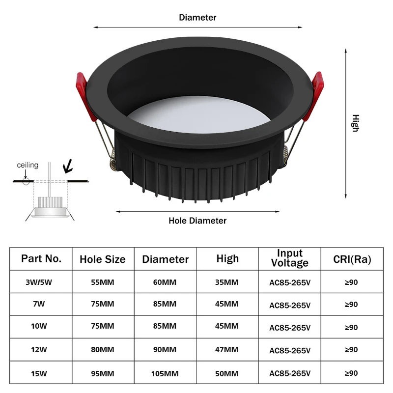 thumbnail image 1 of Lámpara de techo LED regulable antideslumbrante, foco LED de 3 W, 5 W, 7 W, 10 W, 12 W y 15 W, iluminación de fondo para interiores, CA 220 V, 110 V, 1 of 5