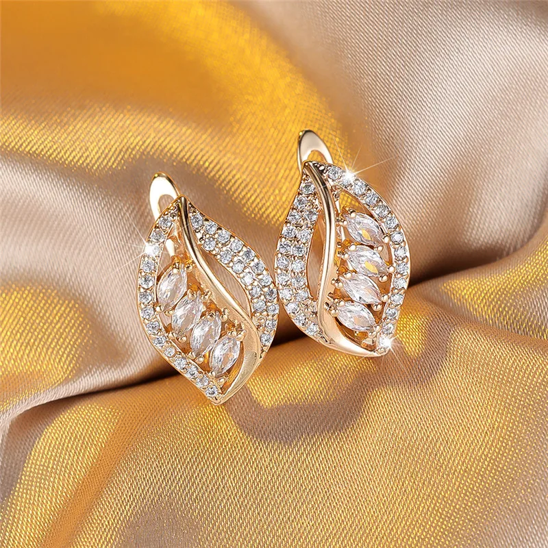 Cute White Zircon Stone Leaf Hoop Earrings For Women Female Gold Color Wedding Jewelry Gift