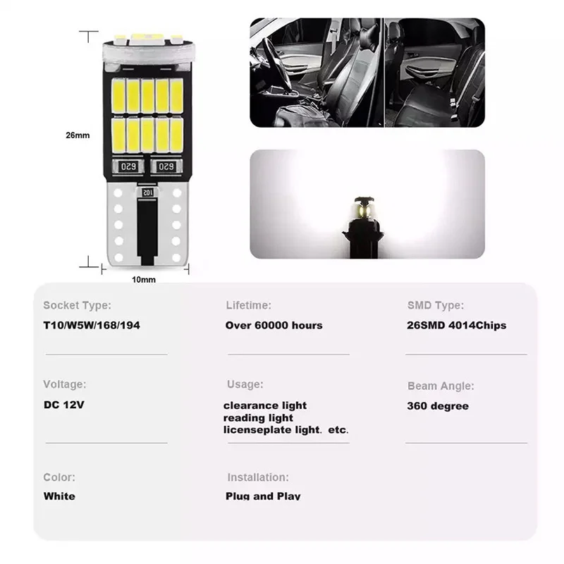 W5W Led T10 168 194 Signal Lamp Canbus 4014 26SMD For Car Interior Map Dome Parking Position Lights 10Pcs led car lights