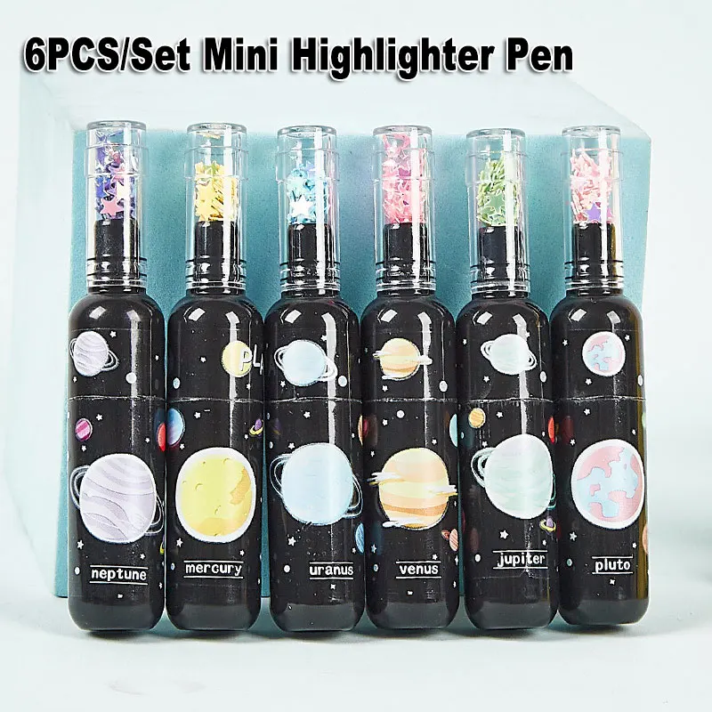 6Pcs Mini Highlighter Marker Cute Planet Wine Bottle Hand Account Drawing Fluorecent Pen Art Graffiti Office School Stationery japan kuretake7700 double head soft head watercolor pen hand account brush wine red marker full set of fluorescent color pens