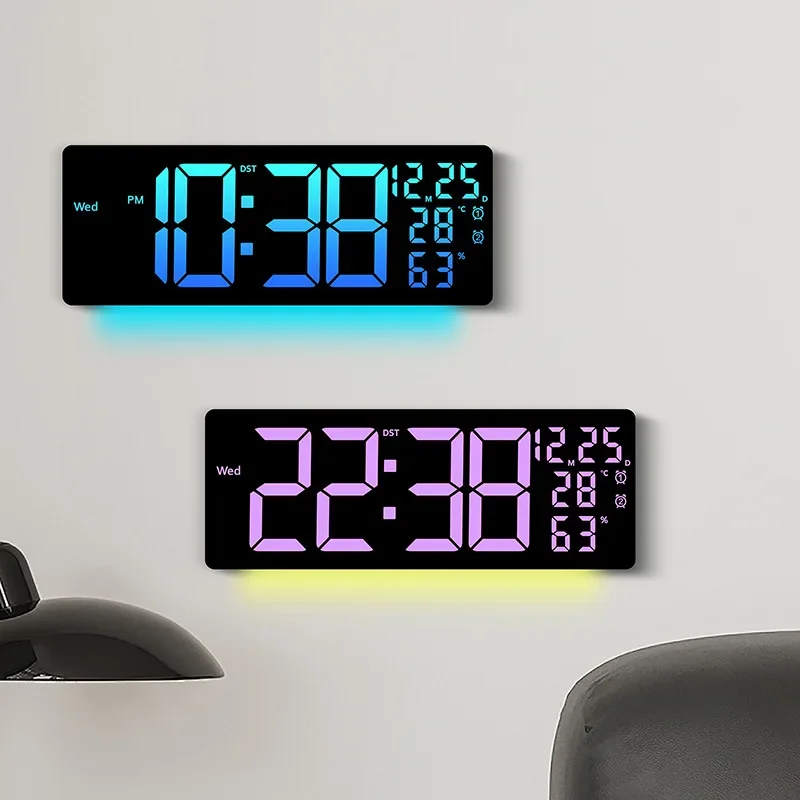 Colorful Digital Alarm Clock RGB Large Wall Clock 12/24H Remote Control Brightness Adjustment Multifunctional LED Wall wall clock digital wall clock