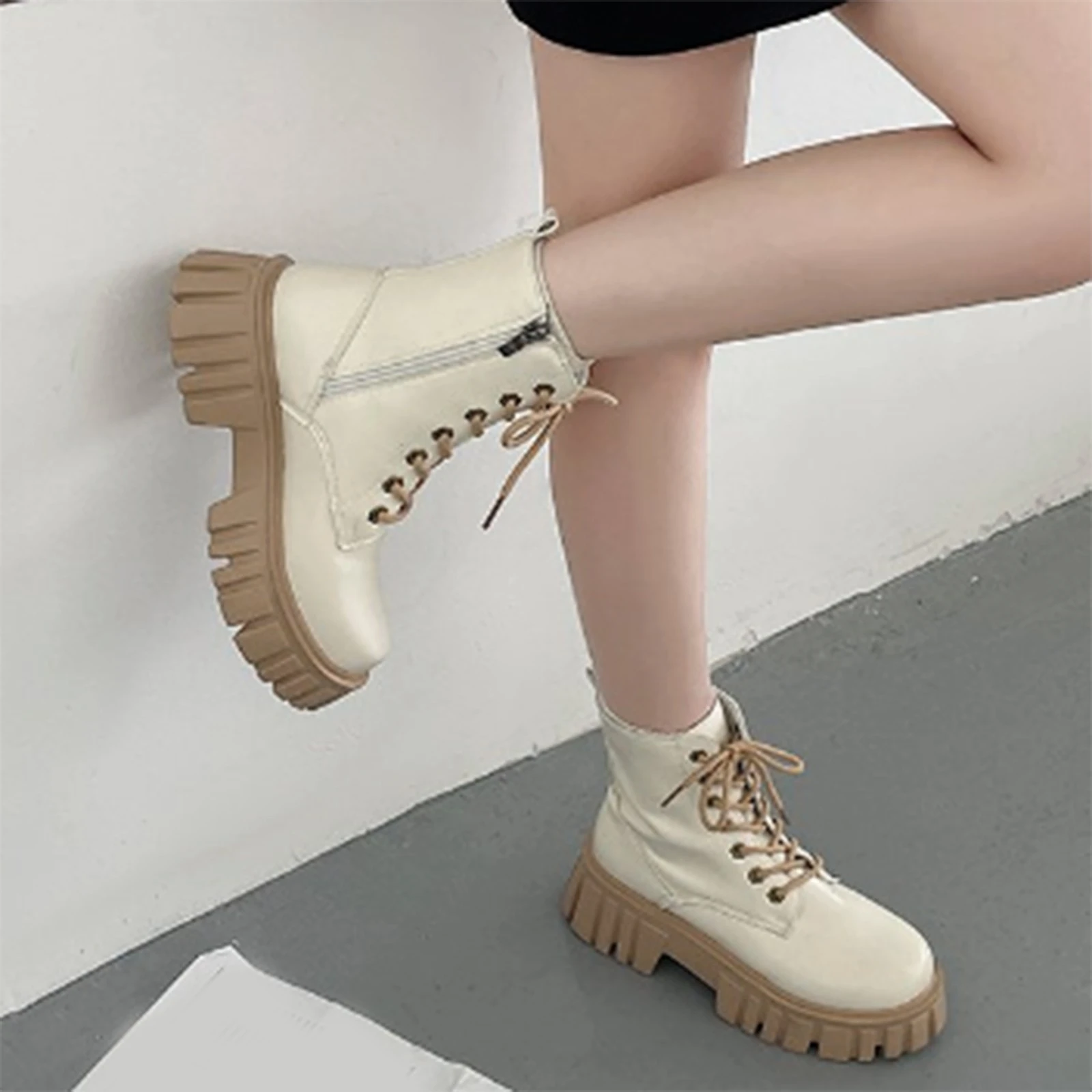 Botas de cuero para mujer, botines de tacón bajo con cordones, topo, con cremallera en el tobillo, color blanco y negro, a la moda| - AliExpress