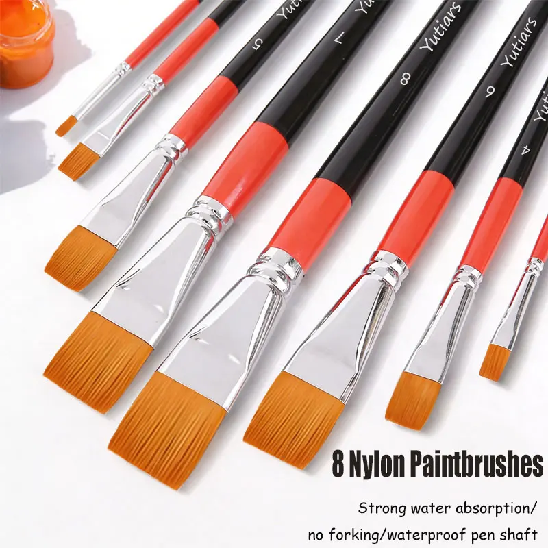 8Pcs 플랫 나일론 헤어 페인트 브러쉬 세트 수채화 아크릴 오일 구아슈 페인팅..