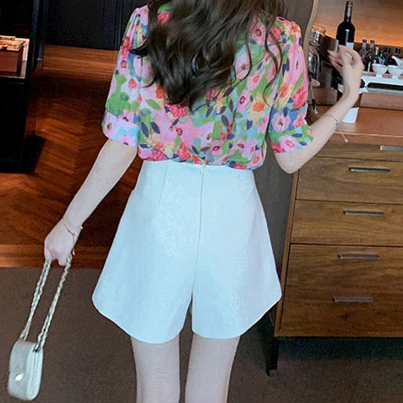 2024 New Summer Oversized High Waist Elegant Fashion Women's Shirt Loose Casual Chiffon Print Button Lapels Short Sleeve Tops