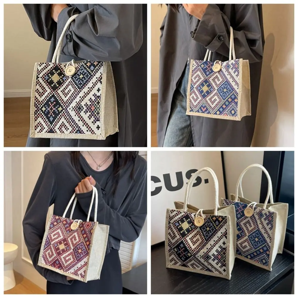 

Embroidery Ethnic Style Canvas Bag Large Capacity Portable Printing Cloth Lunch Bag Tote Bag Print Linen Handbag Children