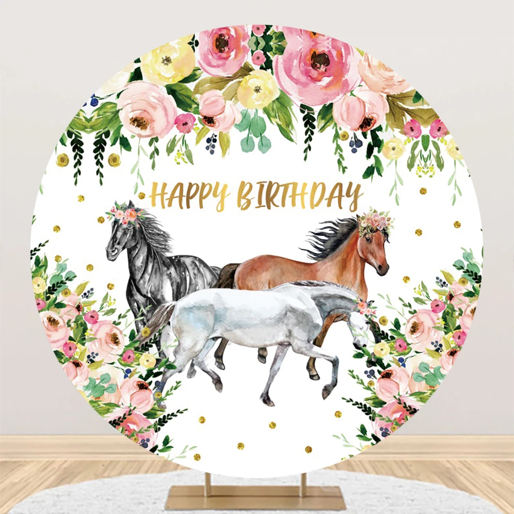 

Horse Backdrop Round Cover Horse Birthday Party Theme Decoration Girl Flowers Gold Dots Circle Photo Background for Photography