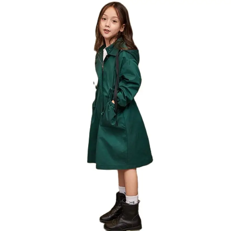 Nieuwe Hooded Lange Jas Meisjes Effen Kleur Windjack Tiener Herfst Casual Kinderen Jas Tiener Kids Meisjes Kleding 6 8 10 12Y