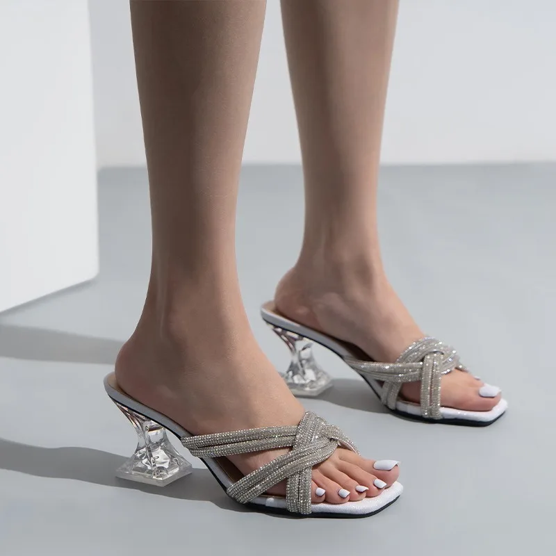 Women Sexy Clear High Heels Slippers  Rhinestone Accessories Sandals New Summer Beach Ladies Slides Flip Flops Female 2022 New
