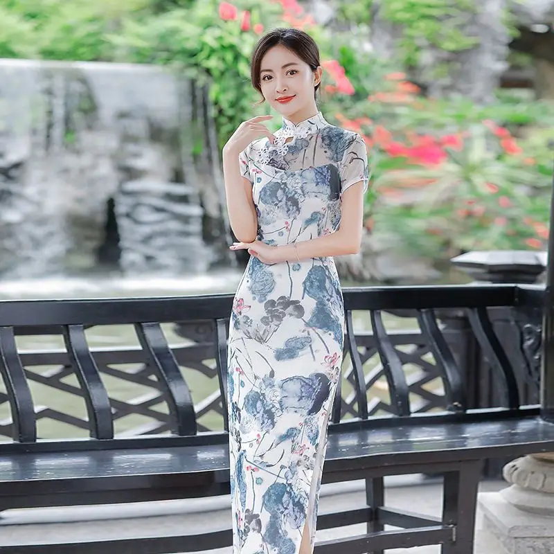 Chinese Dress Women Plus Size Summer Long Cheongsam Lined Vintage Evening Dress Slim Elegant Wedding Show Costumes Qipao M To 5XL