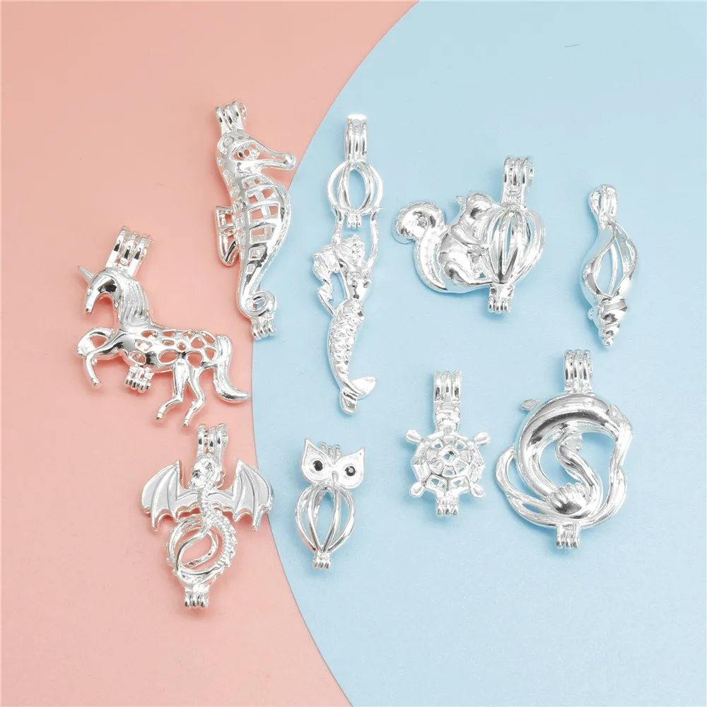 10pcs Classics Silver Color Pearl Cage Locket Pendants Aromatherapy Mermaid Essential Oil Diffuser Necklace Locket For DIY