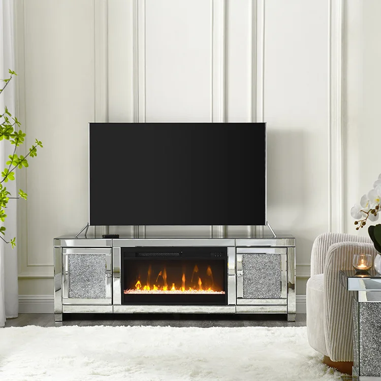 Silver mirror TV cabinet with simulated mantelpiece electronic creative light luxury Nordic silver mirror decorative heating