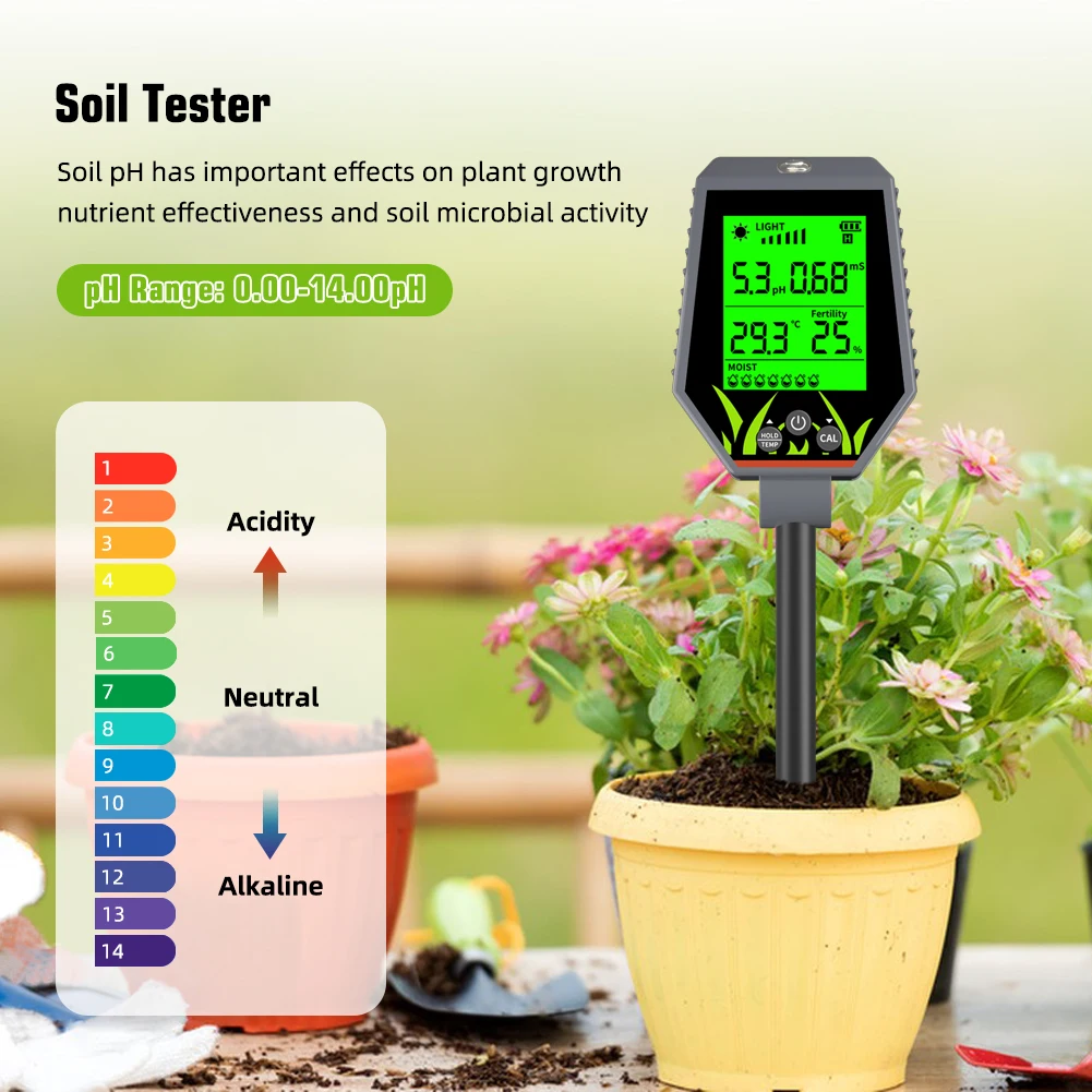 Soil Meter Digital pH Moisture Fertility Light Temp Humidity Analyzer for Garden