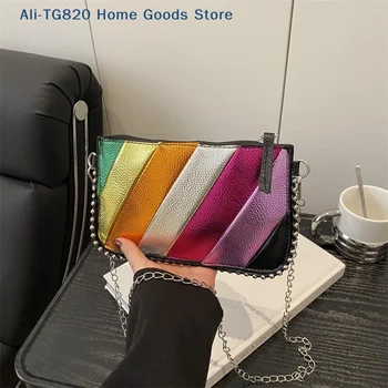 [TG820]Rainbow Striped Shoulder Bag Women's Handbag Fashionable Lightweight Crossbody Bag Phone Bag With Chain Strap 1