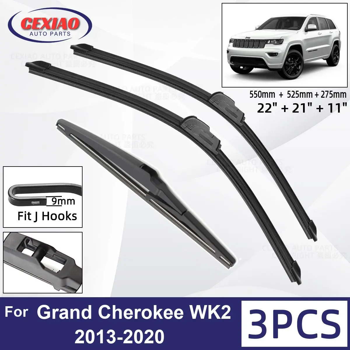 

For Jeep Grand Cherokee WK2 2013-2020 Car Front Rear Wiper Blades Soft Rubber Windscreen Wipers Auto Windshield 22"+21"+11" 2019