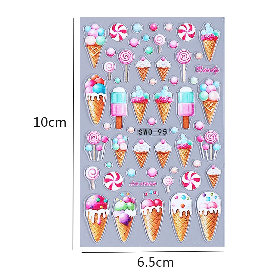 2pcs Ice Creams 3D Nail Stickers Summer Macaroon Candy Lollipops Cartoon Nail Decals DIY Adhesive Sliders Manicure Decorations