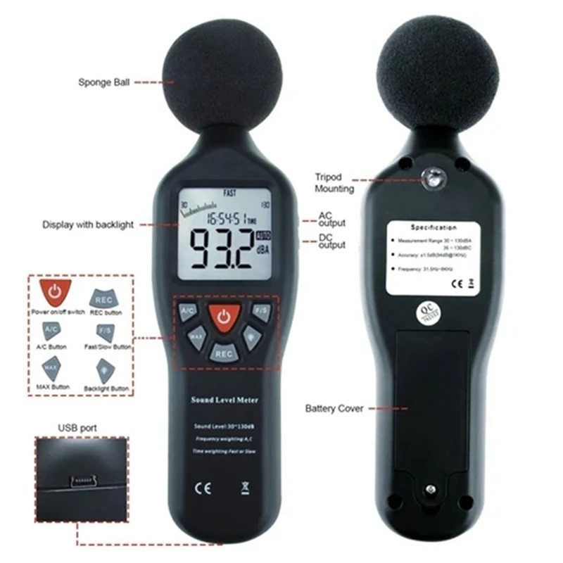 High-Precision Noise Sensor Decibel Meter, Noise Meter Noise Meter, Noise Recorder Measuring 30-130DB USB Recording 4