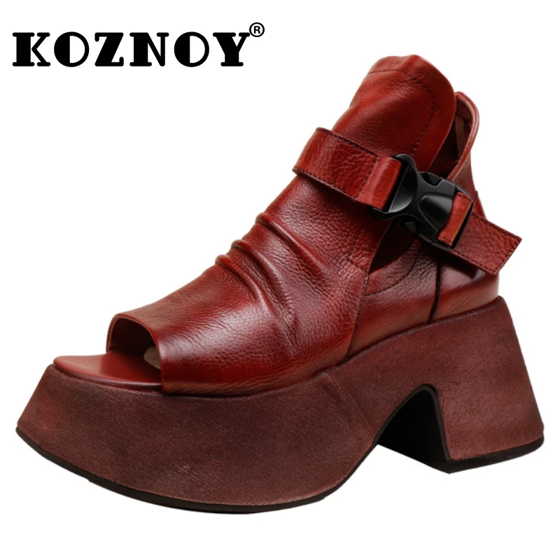 

Koznoy 8cm Cow Genuine Leather Sandals Buckle Ankle Booties Women Peep Toe Moccasins Boots Fashion Summer Hollow Chimney Shoes