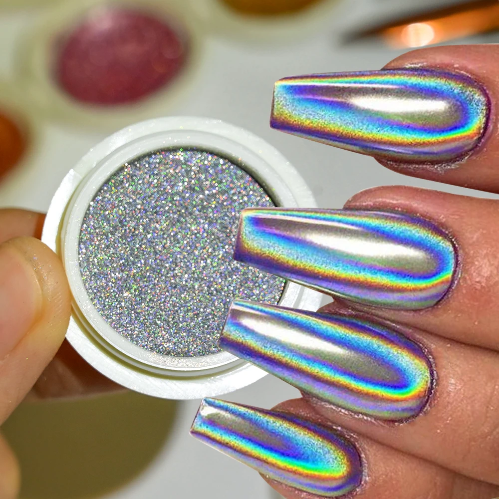 Nail Powder Nail Glitter Holographic Mirror Nail Glitter Powder Shiny Laser Silver Metallic Rubbing Dust Flakes