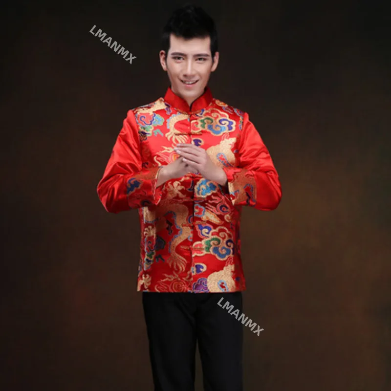 Red Tunic Men Traditional Chinese Male Oriental Mens Clothing Shanghai Tang Cheongsam Top Wedding Chinese Tang Suit For Men Chinese traditional costumes
