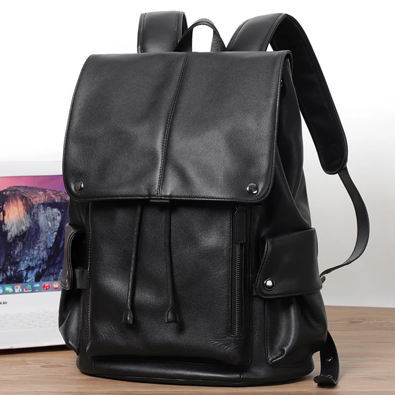 Genuine Leather Men Backpack Travel Male Mochila Fashion Large Capacity For Boy 15.6" Laptop School Bag College Style Women