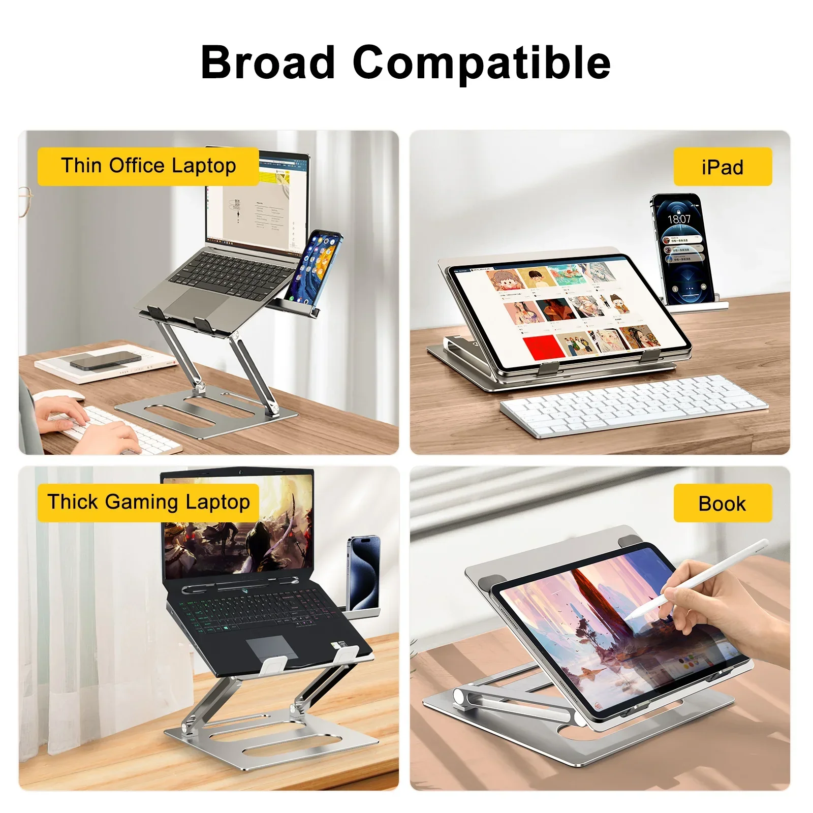 Eary Aluminum Metal Laptop Stand With Phone Holder For Desk Ergonomic Multifunctional Foldable Ventilated Cooling Computer Base