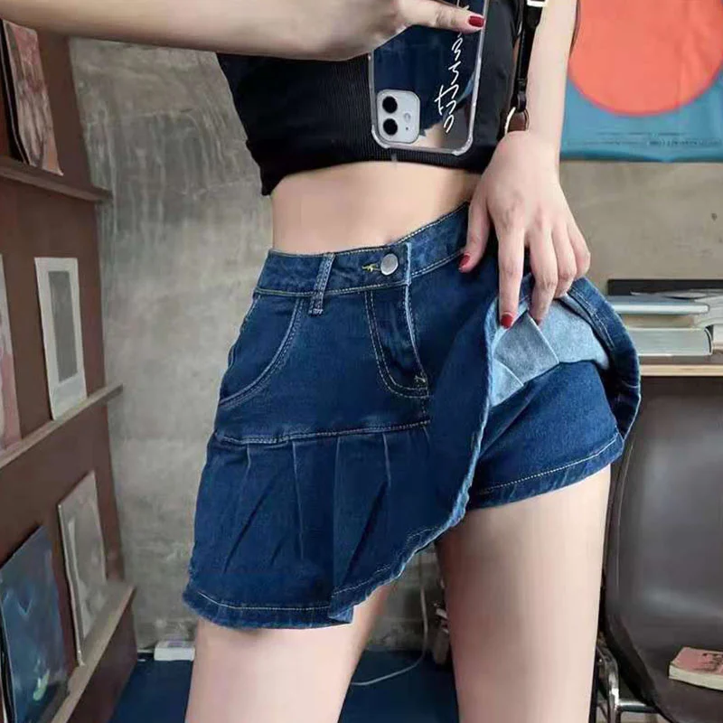

Sexy Slim Fit Denim Short Skirts for Women Korean High Waist Anti-Glare Pleated Skirt Woman Y2K Elastic Ruffles Jean Mini Skirt