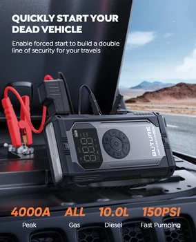 BUTURE Compressore d'aria per avviamento di emergenza per auto con Power Bank 4000A Picco di avviamento a batteria portatile Pompa d'aria 150PSI con luce a LED