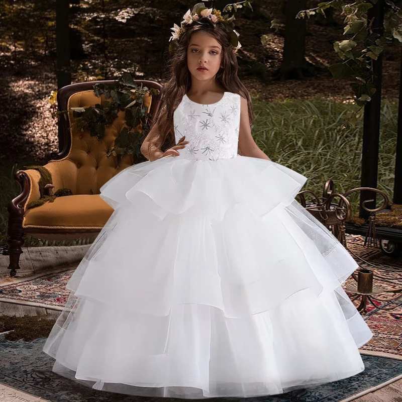 Fluffy Princess Mesh Girls' Dress Formal Sequin Lace White Wedding