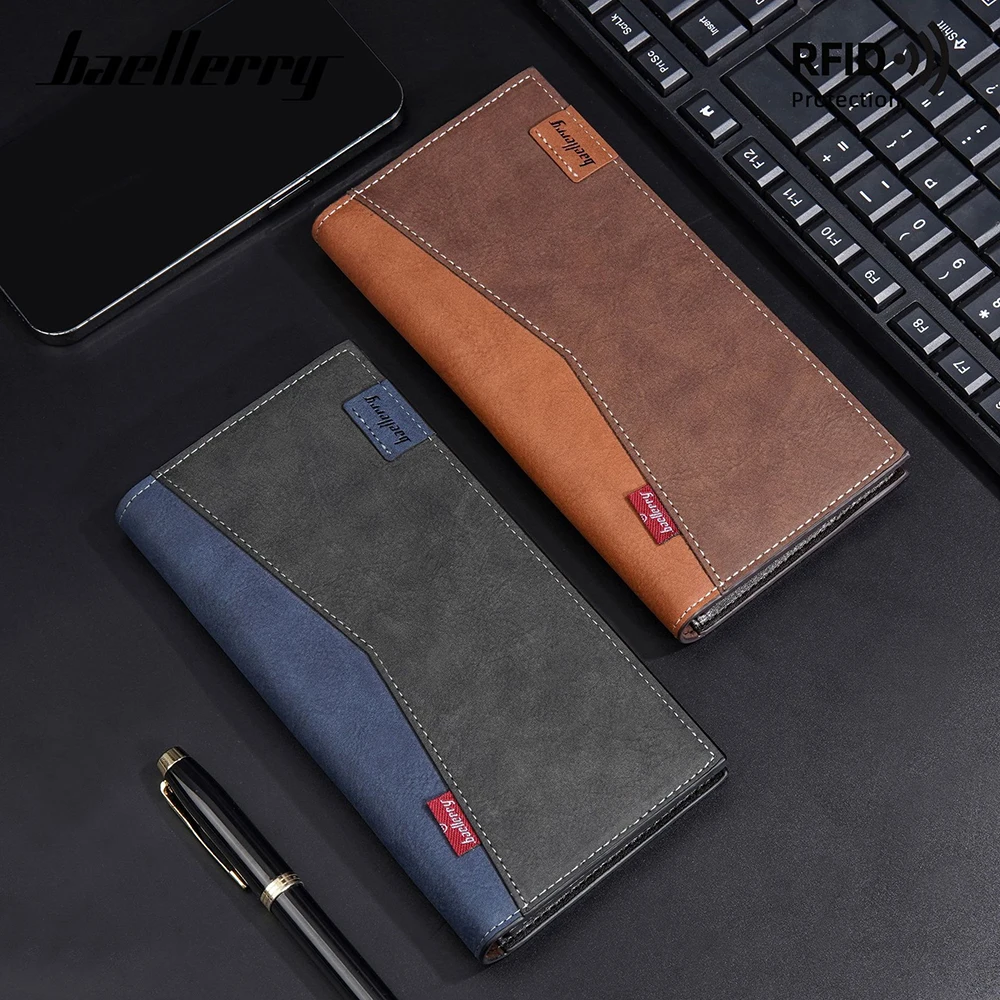 Baellerry Men's Long RFID Wallet PU Leather, Anti-Skimming Bifold with 12+ Card Slots & Zipper Pocket