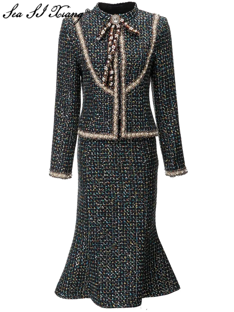 

Seasixiang Fashion Autumn Winter Tweed Suit Women Stand Collar Long Sleeve Beading Jacket + Mermaid Skirt Vintage Two-Piece Set