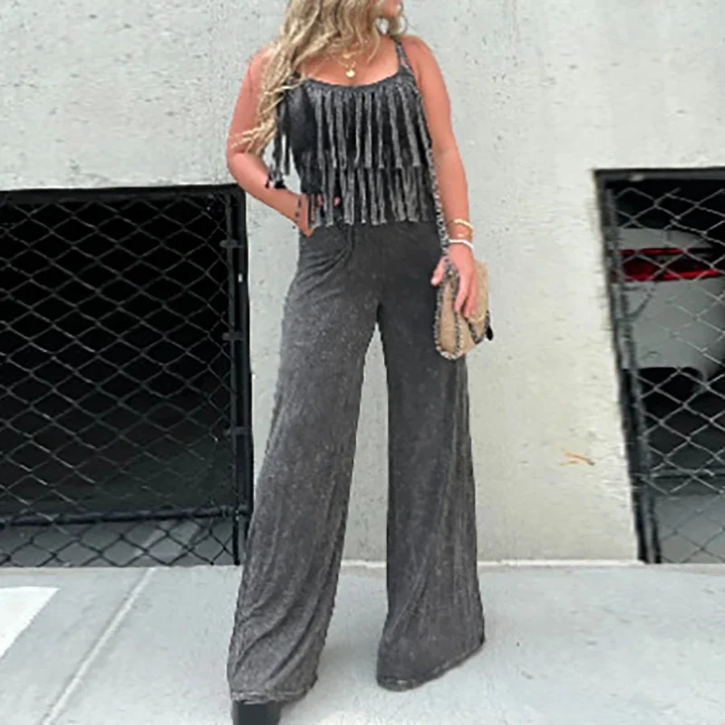 

Lady Fashion Sling Tassels Straight Jumpsuits Autumn Summer New Streetwear Commute Elegant Sleeveless Party Rompers