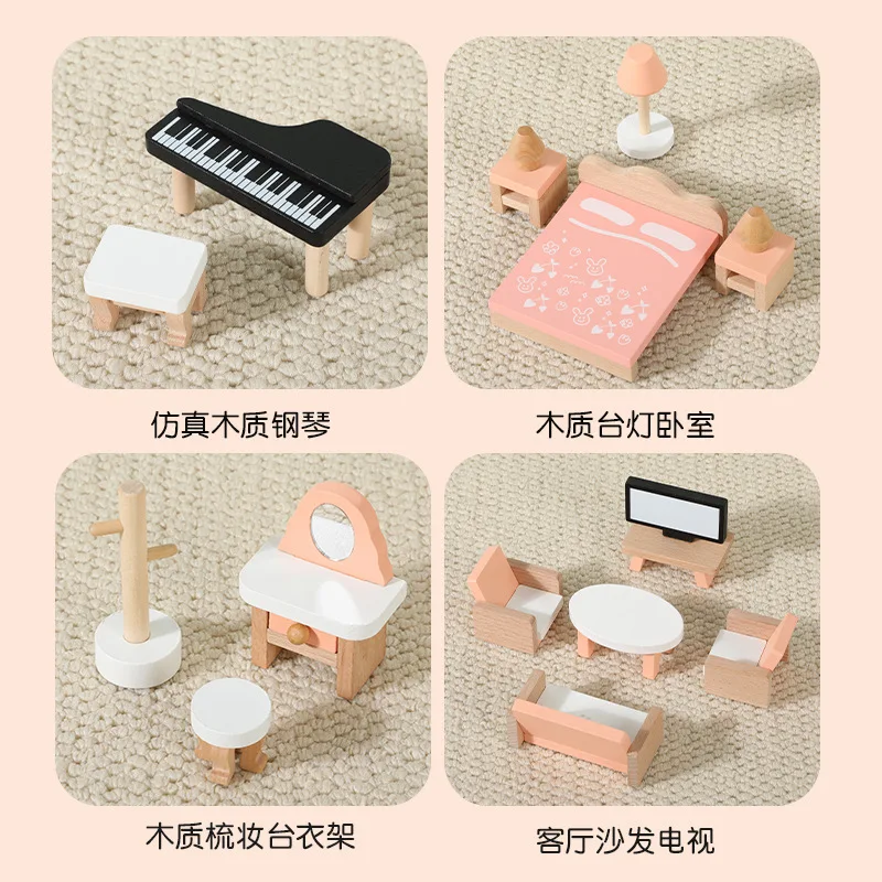 34pcs Children's Wooden House Simulation Small Furniture Sofa Bed TV Piano Furniture Mini Model Toy Set, Sand Table Ornaments 3