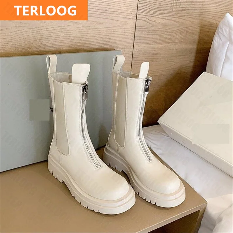 2022 Winter Women Platform Flats Chelsea Boots New Fashion Zipper Warm Mid-Calf Casual Shoes Non-slip Designer Goth Snow | Обувь