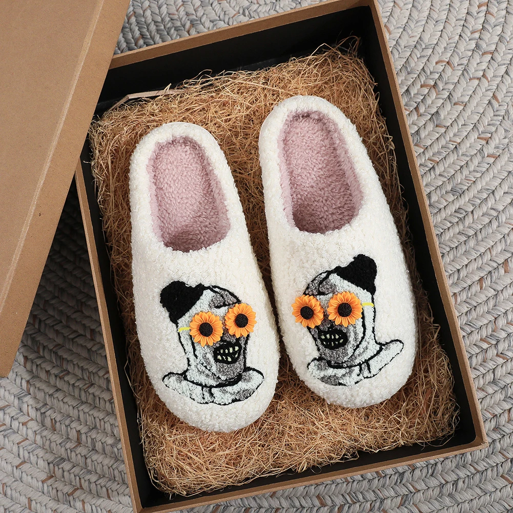 Halloween Plush Slippers Fluffy Home Slippers Comfortable Furry Clown Slippers Sunflower Glass Clown Slides for Indoor Bedroom