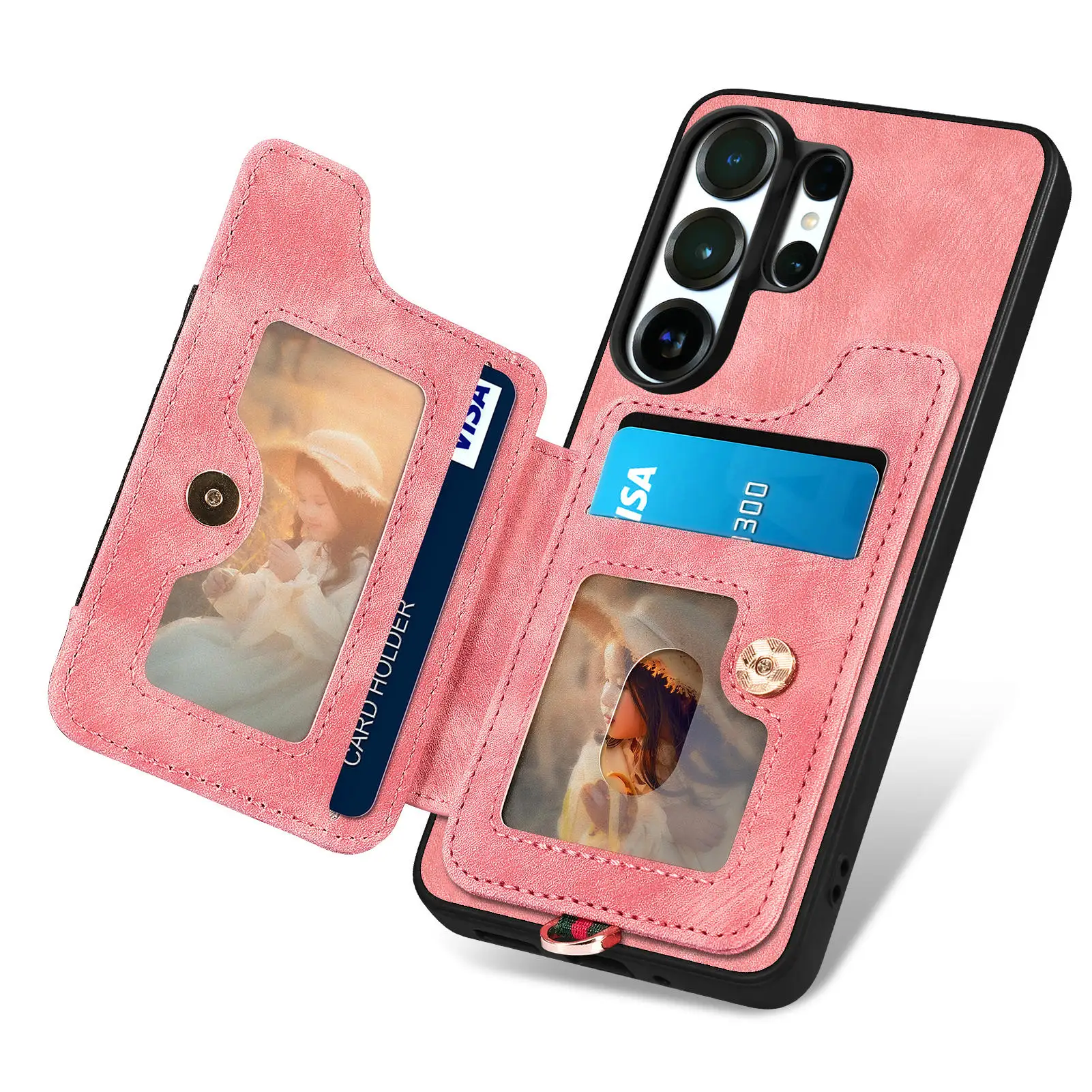 Ring Holder Cards Solt Leather Wallet Case For Samsung S25 Ultra S24 Plus S23 A16 A17 A07 Magnetic Kickstand Pocket Strap Cover