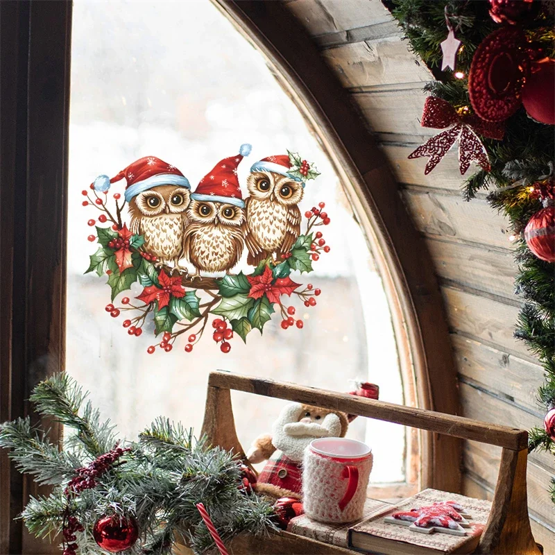 Christmas Owl Window Stickers Branch Owl New Year Static Decal Cute Glass Clings for Winter Party Christmas Decorations