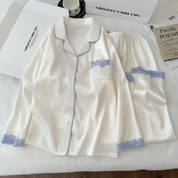 الكورية نمط عادية طباعة المرأة منامة متعة طباعة الدانتيل الصلبة تصميم 2 قطعة مجموعة منامة الخريف الشتاء جديد 2025 المتسكعون الموضة 6