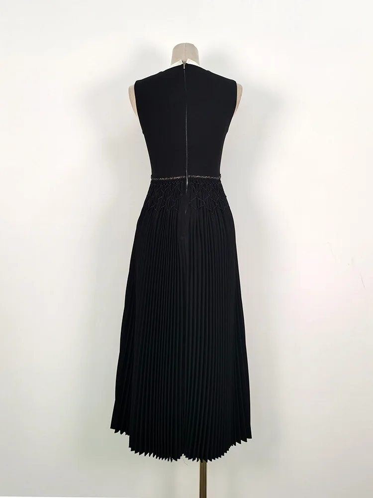 Eshin Sleeveless Solid Color V Neck Hand Made High Quality High Waist Party Dress For Women 2024 Summer Fashion Female TH6794 image