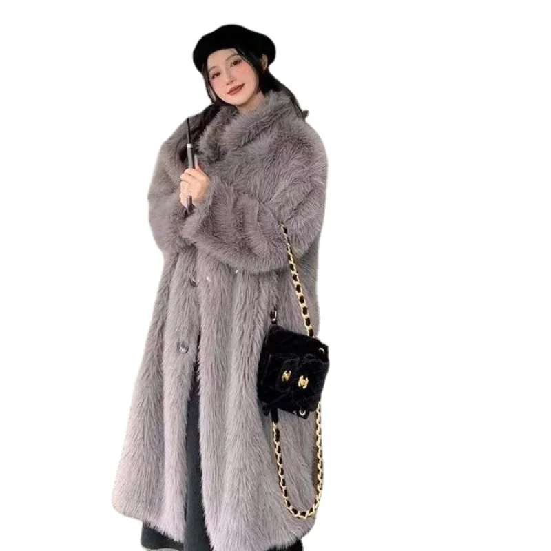 

110 Cm Long Faux Fox Fur Coat Women Winter Plush Jacket Ladies Blazer Lapel Fluffy 2023 New in Outerwears Pink Thick