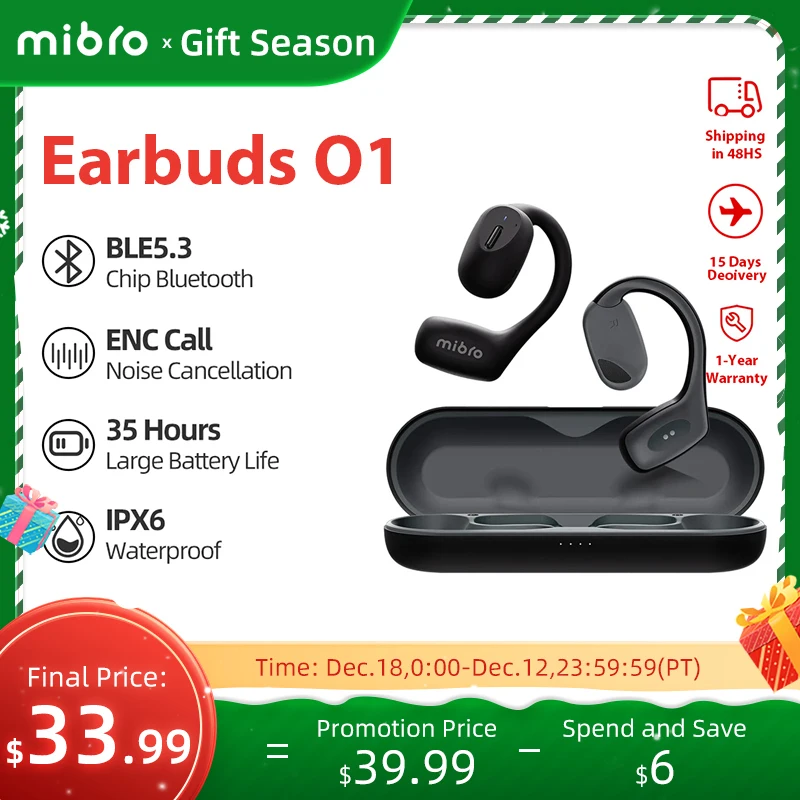 

Mibro O1 Sport Earbuds Bluetooth ENC HD Call Wireless Earphone 800mAh IPX6 Waterproof Open Ear Running Headphone With Microphone