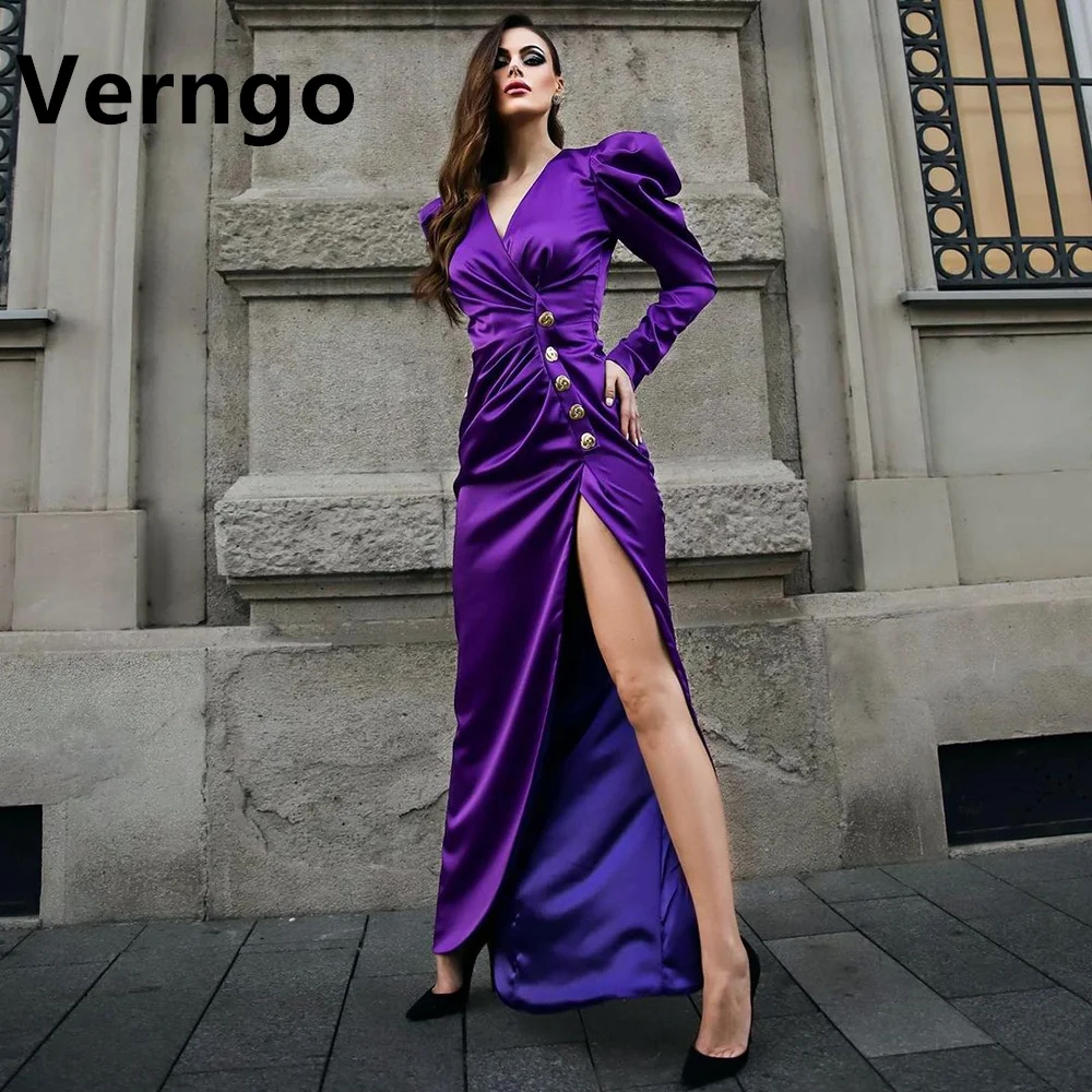 

Verngo Purple V Neck Long Puff Sleeeves Party Dresses For Women Sexy Side Slit Long Formal Dress Long Satin Prom Gown