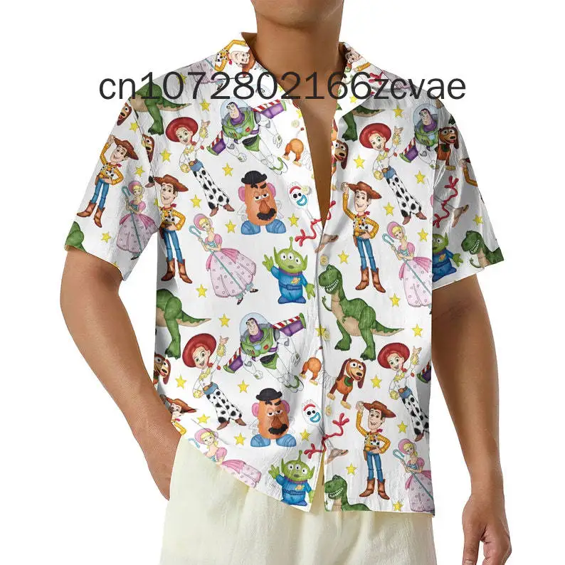 

Toy Story Cartoon Hawaiian Shirt Disney Casual Fashion Button Short Sleeve Hawaiian Shirt Men's and Women's Shirt