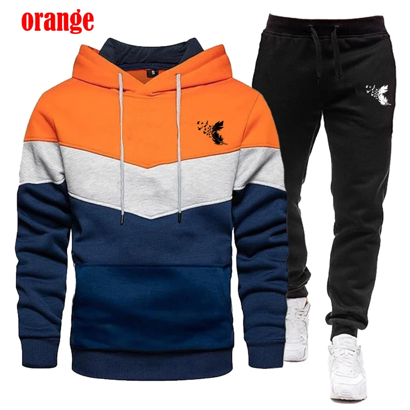The latest men's long sleeved tricolor patchwork hoodie set casual sports jogging suit hoodie and pants two-piece set